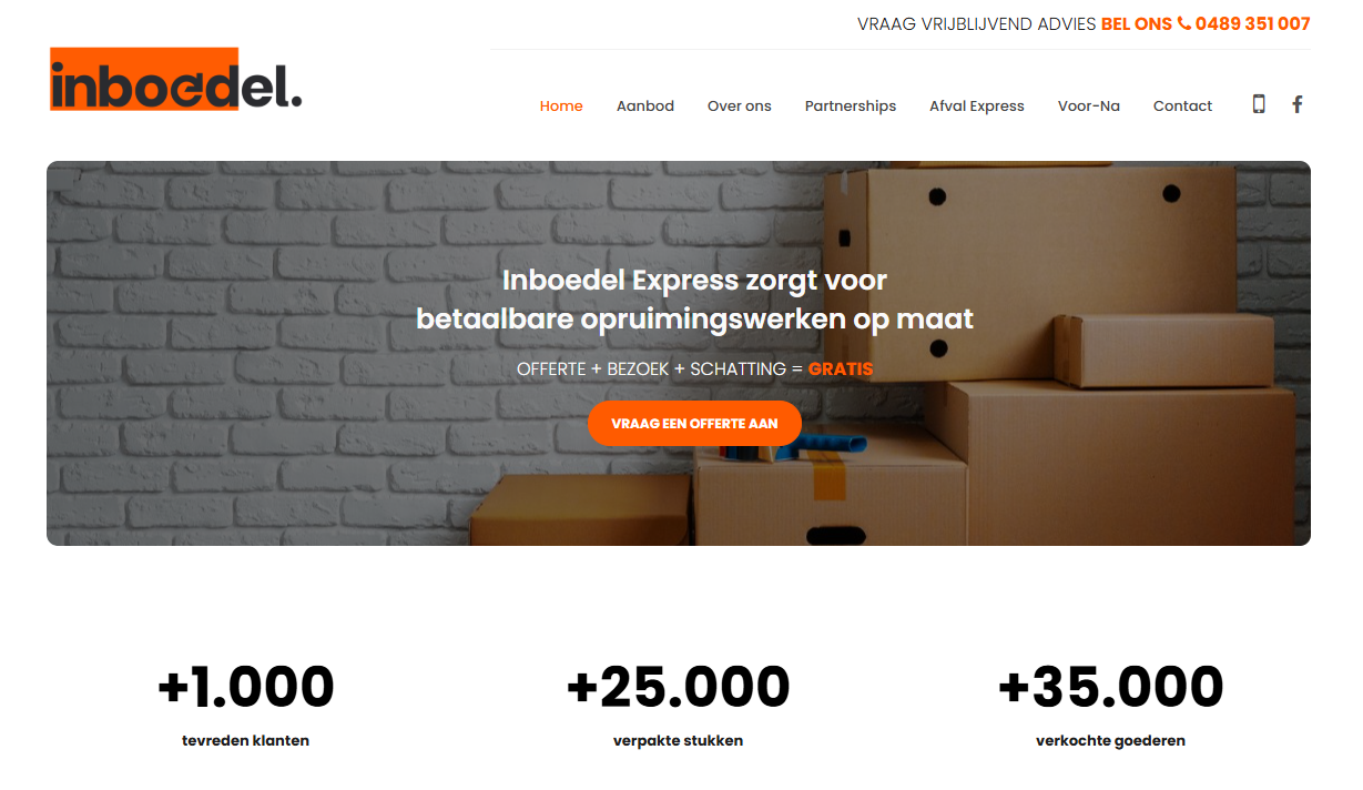 Screenshot van de homepagina banner van de herwerkte website inboedel express