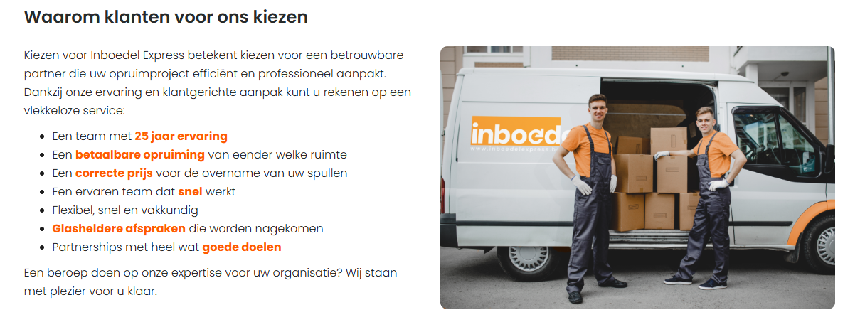 Screenshot van een onderdeel van de herwerkte website inboedel express
